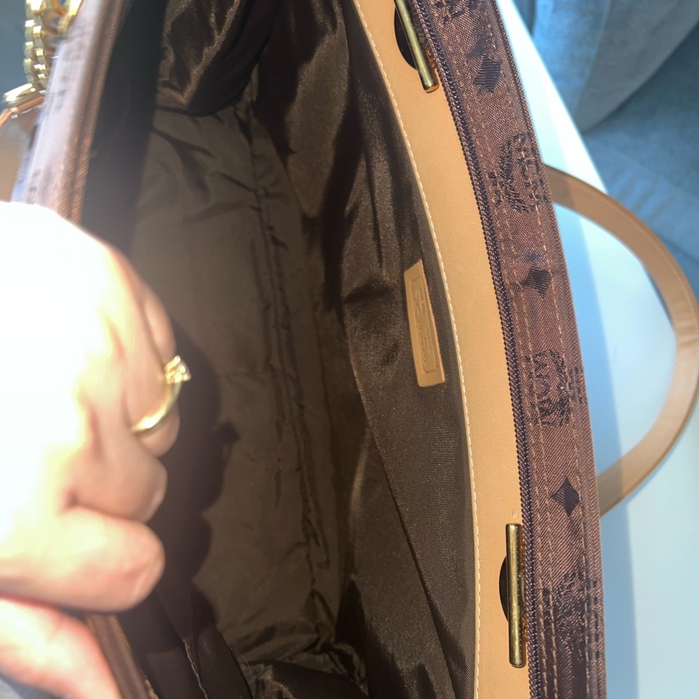 MCM Brown Monogram Tote with Gold Chain and Tan Leather Straps - Picture 11 of 15